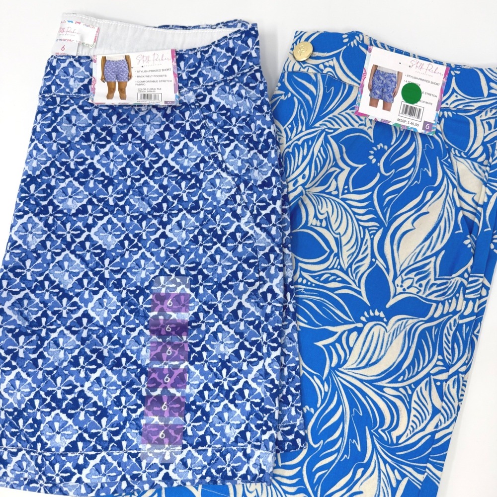 Stella Parker Lot of 2 Blue White Printed Shorts Size 6 Floral Tile Tropical NEW
